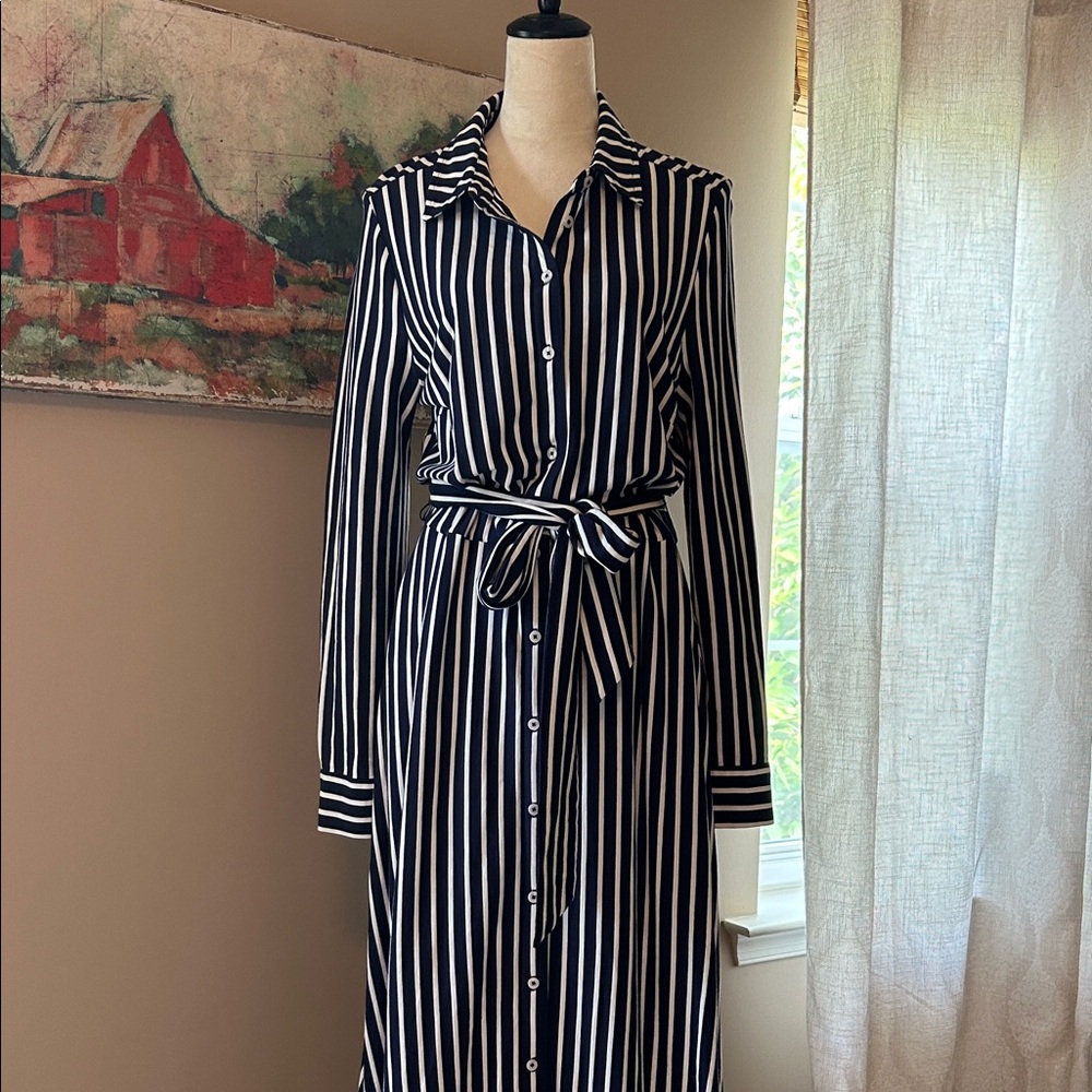 Boden Navy and White Striped Long Sleeve Dress
